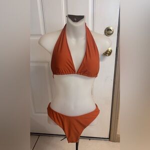 Med Shein Solid Brown Triangle cup tie back mid rise bottoms bikini set.  In EUC